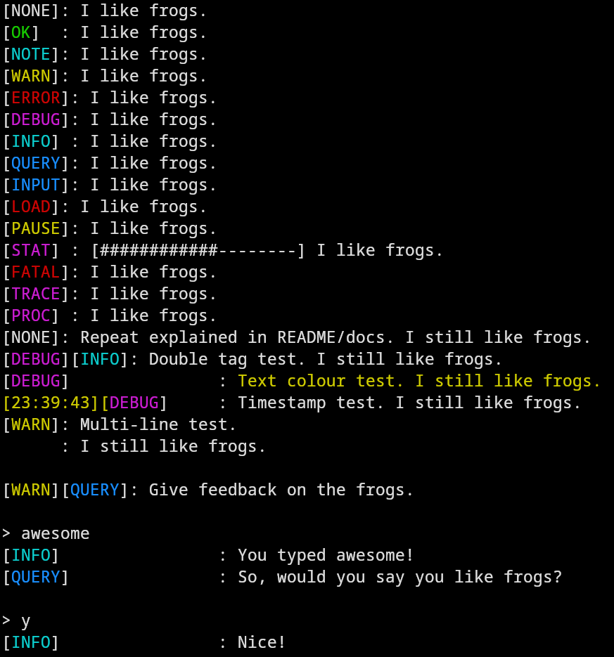 Test script output showcasing Cerbose functions