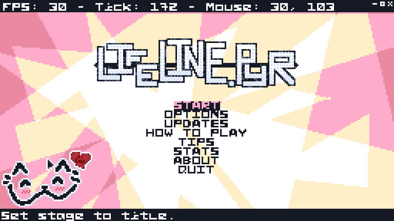 Screenshot showcasing Lifeline.PYR's title screen with the title cat